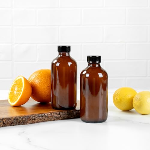 Restaurantware Vetri 8 Ounce Boston Glass Bottles, 12 Sample Bottles With Black Phenolic Caps - Dishwashable, Round, Amber Glass Bottle, For Potion, Juice, Ginger Shots, Whiskey, Liquids - color: Amber, size: 8 oz