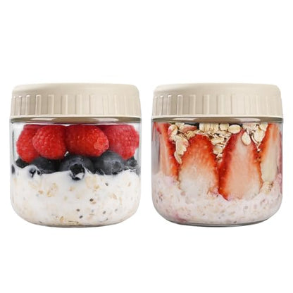 SHOWIN Overnight Oats Containers with Lids, 10oz Glass Jars with Lids 2 pcs, Apricot, Wide Mouth Mason jars for Salad, Yogurt, Snacks, Meal Prep - color: Camel, size: 10oz-2pc