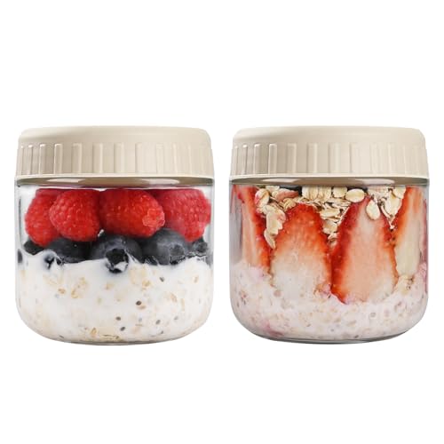 SHOWIN Overnight Oats Containers with Lids, 10oz Glass Jars with Lids 2 pcs, Apricot, Wide Mouth Mason jars for Salad, Yogurt, Snacks, Meal Prep - color: Camel, size: 10oz-2pc