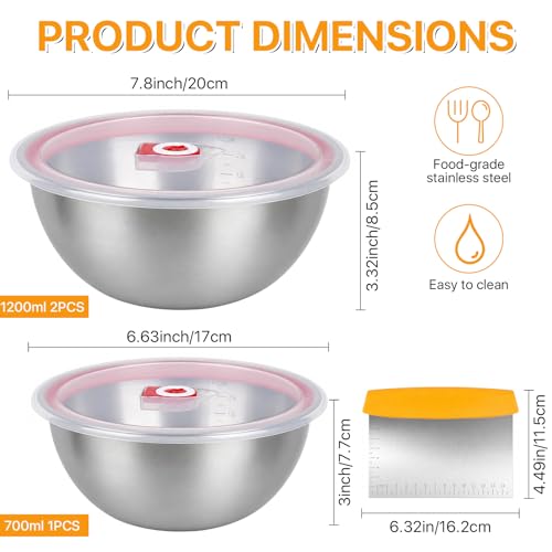 Supkiir 3 Pack Pizza Dough Proofing Containers, 24oz/41oz Stainless Steel Proofing Box with Clear Airtight Lids, Stackable Pizza Dough Bowl Set Includes Cutter for Fermentation of Sourdough & Bread