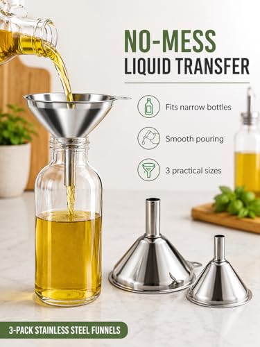 3-Pack Stainless Steel Mini Kitchen Funnel Set, Durable Metal Filling Funnel for Transferring Liquids, Dry Ingredients, Cosmetic Lotions, Liquids, Fragrances, Powders -High Temperature Resistant