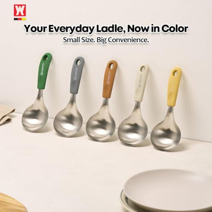 Short Stainless Steel Ladle 220mm (8.6”) – SUS304 Thick Deep Bowl Head with Soft-Grip Silicone Handle – Lightweight Mini Soup & Serving Spoon for Cooking – 5 Color Options (Gray) - color: Gray