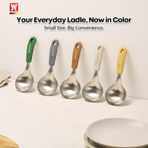 Short Stainless Steel Ladle 220mm (8.6”) – SUS304 Thick Deep Bowl Head with Soft-Grip Silicone Handle – Lightweight Mini Soup & Serving Spoon for Cooking – 5 Color Options (Yellow) - color: Yellow