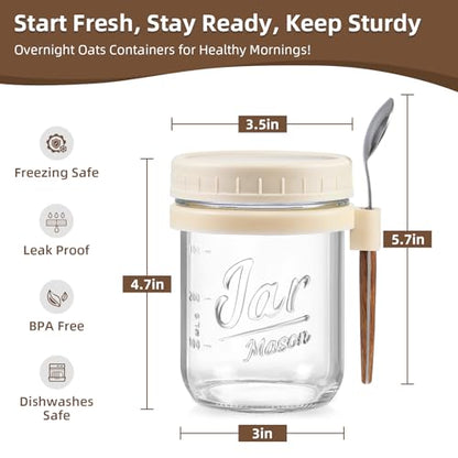 6 Pack Overnight Oats Containers with Lids and Spoons, 16 oz Glass Mason Overnight Oats Jars, Large Capacity Airtight Jars for Milk, Cereal, Fruit(Beige） - color: Beige