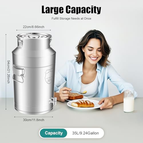 35L/9.3gal Milk Can with Spigot - 304 Stainless Steel Water Dispenser Food Storage Container for Liquid & Dry Goods, Wine Pail Bucket Metal Tote Jug for Kitchen, Farm - size: 35 liters (9.3 gallons)