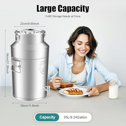 35L/9.3gal Milk Can with Spigot - 304 Stainless Steel Water Dispenser Food Storage Container for Liquid & Dry Goods, Wine Pail Bucket Metal Tote Jug for Kitchen, Farm - size: 35 liters (9.3 gallons)