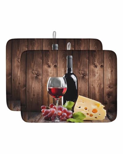 Wine Cheese Dish Drying Mat, Grapes Farmhouse Brown Wooden Plank Absorbent Dish Drying Matt Pad for Kitchen Countertops, Sinks, Dish Drainer Racks, Large 18x24in 2PCS - size: 18x24in 2PCS