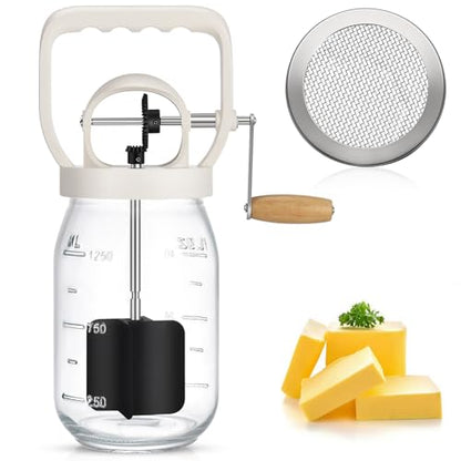 CAROD Classical Butter Churner, 1.5L Glass Jar with Hand Injury Prevention Device & Sifting Lid, 50oz Hand Crank Jar Maker Creates Fresh Homemade Butter within 15 Min, Ideal DIY Kitchen Gift