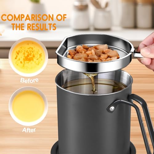 Chihee Grease Container Stainless Steel 2L / 67.6 fl oz Fine Mesh Strainer | Easy to Clean Large Spout Bacon Grease Saver Cooking Oil Keeper Stoarge Can with Dust-proof Lid Non-slip Tray Kitchen Frying - color: Gray(2L)