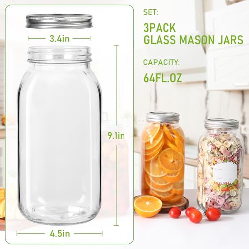 64 oz Wide Mouth Mason Jars 3 Pack, Glass Canning Jars with Airtight Lids | Durable & Leakproof Jars for Pickling,Fermenting,Meal Prep,Reusable Storage Containers, Great Value Set with Secure Packaging