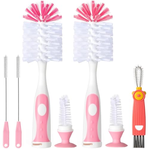 5 in 1 Baby Bottle Brush Set, Bottle Cleaner, 2Pcs Bottle Brush with Stand, 2 Hidden Nipple Brush, 2 Straw Brush, 1 Lid Brush, Nylon Bottles Brush Cleaner for Baby Bottle, BPA-Free(Pink) - color: Pink-nylon & Nylon Brush