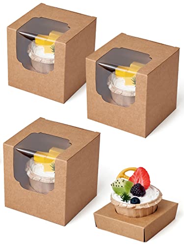 Happyhiram Cupcake Boxes 100 Pcs Bulk Brown Kraft IndividualBox, Single Containers Paper Holders with Inserts and Window for Muffins Cocoa Bombs Packaging Togo Boxes for Birthdays Showers Party Favor - color: Kraft Brown, size: 100-Count