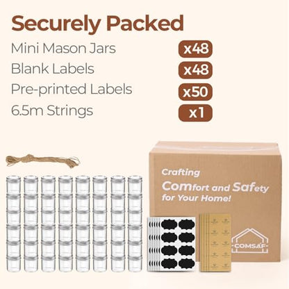 ComSaf 2 oz Mini Mason Jars Bulk Set, 48 Pack Glass Jars with Lids | Bpa-Free Materials, Ginger Shots, Honey Samples, Dressing Containers, Sauces, Spices, Wedding Favors, For Canning Project - size: 2oz*48