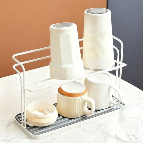 Bottle Drying Rack,Coffee Mug Holder with Drain Tray for Coffee Cup,Water Cup(White) - color: White