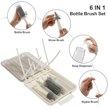 6 in 1 Baby Bottle Brush Set,Bottle Cleaner Brush Kit with Silicone Bottle Brush,Drying Rack,Nipple Brush,Straw Brush,Soap Dispenser&Storage Box,Portable Baby Essentials for Home&Travel (White) - color: White