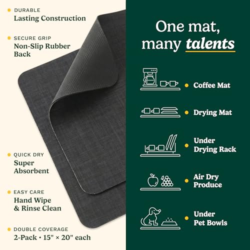 Cuisinart Coffee Mat for Countertop (2 Pack)–Quick-Dry Absorbent Coffee Bar Mat for Espresso Machines & Brew Stations, Also Use as a Dish Drying Mat on Kitchen Counter, Non-Slip, Easy Care, 15” x 20” - color: Black