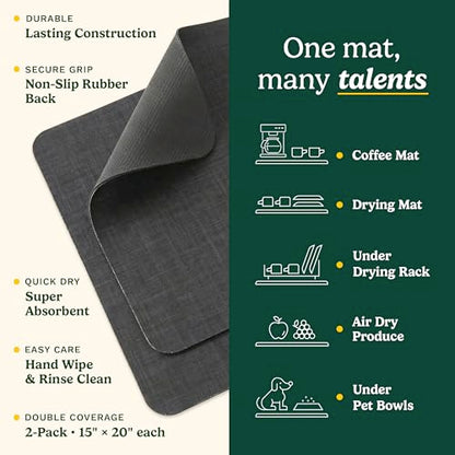 Cuisinart Coffee Mat for Countertop (2 Pack)–Quick-Dry Absorbent Coffee Bar Mat for Espresso Machines & Brew Stations, Also Use as a Dish Drying Mat on Kitchen Counter, Non-Slip, Easy Care, 15” x 20” - color: Black