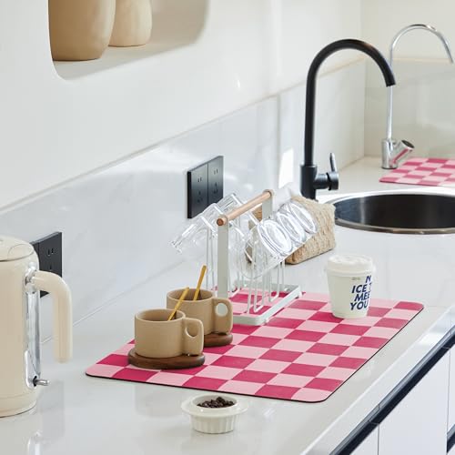 Ohocut Checkered Dish Drying Mat for Kitchen Counter, Coffee Bar Station Accessories, Retro Cute Girly Pink Aesthetic Modern Absorbent Drainer Mat Kitchen Drying Mat Easy Clean, Hot Pink 16" x 24" - color: Hot Pink, size: 24" x 16"