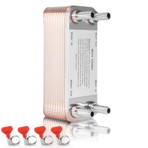 MRbrew Wort Chiller 20 Plates, 1/2 Barb Fitting Connection, Brazed Plate Copper Heat Exchanger for Homebrew, Stainless Steel 7.5" x 2.9" Plate, Hot Liquid Accelerated Cooler Quick Beer Cooling System