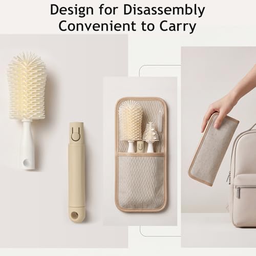 3-Pack Silicone Baby Bottle Brush, Bottle Cleaner, with Convenient Hang Up, Food Grade Silicone, Effortless Scrubbing Cleaning Brushes for Long Narrow, Sports, Baby Bottles (Latte)