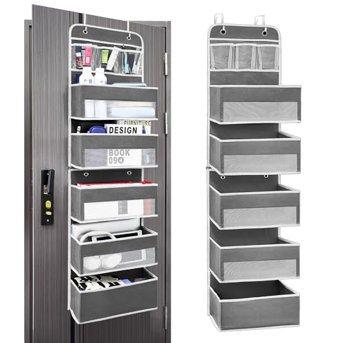 Easy Assembly Over The Door Organizer, 6 Shelves& 10 Side Pockets, Heavy-Duty Reinforced Mesh Rack Holds 44lb, Hanging Behind Door Storage for Bathroom Pantry, Nursery, Closet, Shoes, Towels-Dark Grey - color: Dark Grey, size: 6 shelf