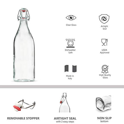 Clear SQUARE Swing Top Glass Bottles With Lids - 33.75 Oz - Airtight Flip Top Glass Water Bottles Great For Oil And Vinegar, Beverages, Juices, Smoothies - (2 Pack) (Not For Carbonated Beverages)