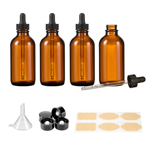 4PK 4oz(120ml) Amber Glass Bottles with Droppers and Phenolic Lids. 120ml Dropper Bottle with Corrosion Resistant Nitrile Rubber and Not Faded Markings. 4oz Bottles with Lids for Juice, Hot Sauces.