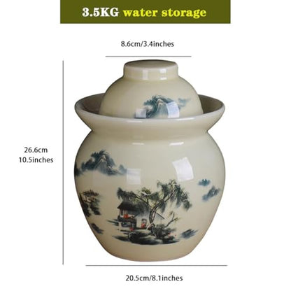 Classical Pastoral Ink Painting Kimchi Jar, Pickling Crock with Plastic Sealed Inner Lid, Ceramic Traditional Fermentation Tank, Decorative Storage Container(3.5kg) - size: 3.5kg