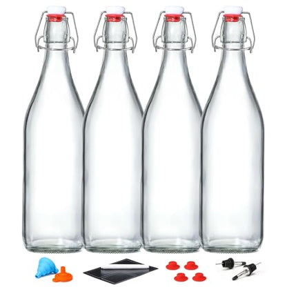 4 Pack [1 Liter / 33 fl. oz.] Swing Top Glass Bottles w/ Airtight Stopper Lids – Flip Top Brewing Bottle for Fermentation, Kombucha, Mead, Vinegar, Beer, Kefir, Wine – With 4 Extra Seals & 2 Pourers