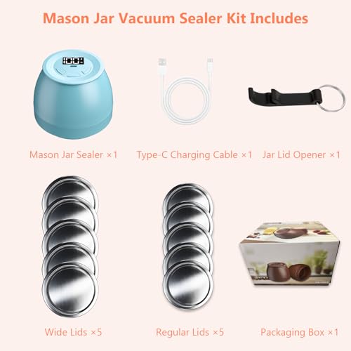 Zivif Electric Mason Jar Vacuum Sealer Kit for Wide & Regular Mouth Jars, Automatic Jar Sealer for Food Storage & Fermentation, Includes 10 Mason Jar Lids, Blue - color: Blue