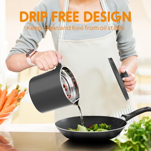 Chihee Grease Container Stainless Steel 2L / 67.6 fl oz Fine Mesh Strainer | Easy to Clean Large Spout Bacon Grease Saver Cooking Oil Keeper Stoarge Can with Dust-proof Lid Non-slip Tray Kitchen Frying - color: Gray(2L)