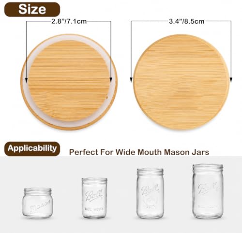 Bamboo Mason Jar Lids - 86mm/3.4 Inch Reusable Wide Mouth Mason Jar Lids, Wooden Mason Jar Lids with Silicone Sealing, 100% Fit & Airtight for Wide Mouth Mason Jars (6 Pack Wide Lids)