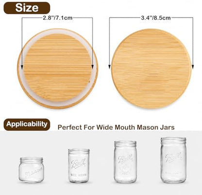 Bamboo Mason Jar Lids - 86mm/3.4 Inch Reusable Wide Mouth Mason Jar Lids, Wooden Mason Jar Lids with Silicone Sealing, 100% Fit & Airtight for Wide Mouth Mason Jars (6 Pack Wide Lids)