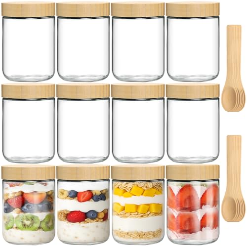 TBWIND 12 Pack 16oz Glass Jars with Bamboo Lids, Spoons, Airtight Overnight Oats Containers, Salad& Yogurt Storage, Mason Jars for Snacks, Spices, Meal Prep – Reusable