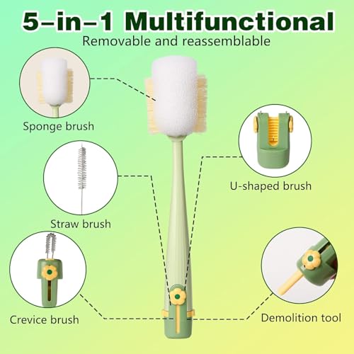 5-in-1 Bottle Cleaning Brush Set, Multifunctional Kitchen Lid Scrubber with Long Handle, Portable Brush Tools for Cups, Hard Bristle Sponge Head(2 Pack)