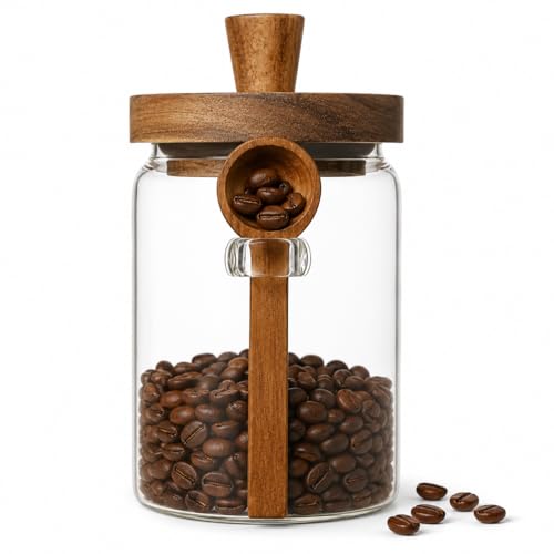 ANSQU Glass Jar with Lid and Spoon, 20.3oz Airtight Coffee Bean Container for Coffee Beans & Grounds, Cute Glass Coffee Canister for Coffee Bar Storage (1 Pack) - size: 20.3oz-1pack (φ3.54")