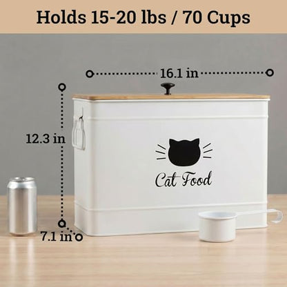 Cat Food Storage Container with Scoop - 15 lb (50 Cup) Capacity Metal Cat Food Container with Airtight Bamboo Lid & Metal Scoop - Airtight Pet Food Storage Containers - 15 lb Treats & Kibble Container - color: White