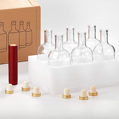 Mfacoy Set of 6 Clear Glass Bottles, 6 oz, Reusable, T-Top Cap, Perfect for Wine, Oil, Vinegar, Kombucha, Beer, Water, Soda, Juices - size: 6OZ