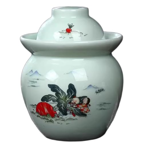 Traditional Chinese Porcelain Pickle Jar, Fermentation Crock Pickling Pot, Fermenting Jar with Water Seal Airlock Lid, Stoneware Fermenter for Kimchi Saue, Jingdezhen Ceramic,D,1.5kg