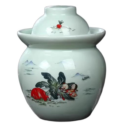 Traditional Chinese Porcelain Pickle Jar, Fermentation Crock Pickling Pot, Fermenting Jar with Water Seal Airlock Lid, Stoneware Fermenter for Kimchi Saue, Jingdezhen Ceramic,D,1.5kg