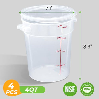 BIEAMA 4 Pack 4 Qt Round Food Storage Containers with Lids, Translucent PP | Include lids, labels, measuring cups and containers with capacity markings for food prep, pantry storage and dough proofing. - color: 4Qt Round-4 Pack