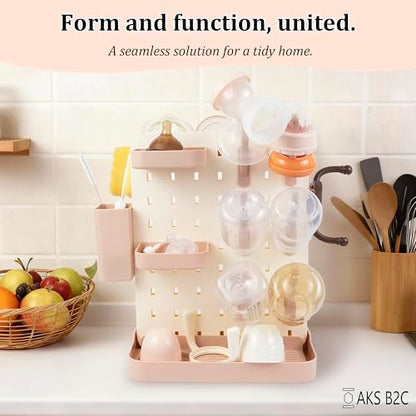 Baby Bottle Drying Rack Space Saving Countertop Vertical Rack with Brushes Holder (Pink) - color: Pink