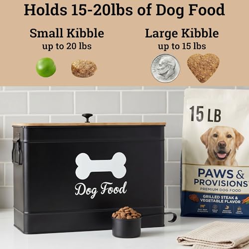 Dog Food Container Airtight Bamboo Lid 15-20 lb Sturdy Metal Handle 70 Cups | Pet Jar For Dogs up to 100lbs, Airtight Bamboo Lid, Sturdy Comfortable Metal Handle, Powder Coated Iron, Kibble Storage Bin - color: Black