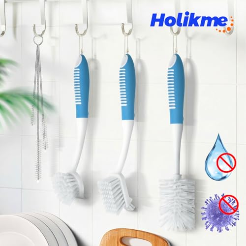Holikme 6 Pack Dish Brush Set with Bottle Brush, Dish Scrub Brush, Pan Brush and 3 Straw Brushes, Deep Cleaning Handle Brush with Scraper Tip for Kitchen Sink Dishes Bottle Cup Pot and Pans (Azul) - color: Azul