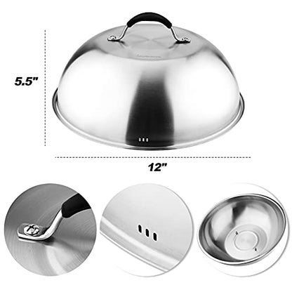 Skyflame 12'' Cheese Melting Dome and 8'' Burger Press Set | Stainless Steel Cover, Bacon Smasher, 2pcs Griddle Accessories Set, Flat Top Grill BBQ Tools, Easy to Store, Dishwasher Safe