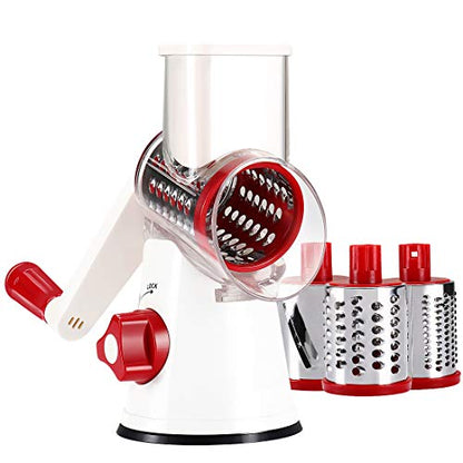 Cambom Rotary Cheese Grater Hand Crank Cheese Shredder for Fresh Cheese, Vegetable, Nuts,Non-slip Suction Base, Free Cleaning Brush Three Blades,Red White - color: Red+White, size: 3 BLADES