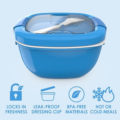 Bentgo Salad Container - 54 oz Bowl with 4-Compartment Toppings Tray, Leak-Proof Dressing Container, Reusable Fork, BPA-Free Lunch Box for Meal Prep & Food Storage; Removable Bento Tray (Blue) - color: Blue
