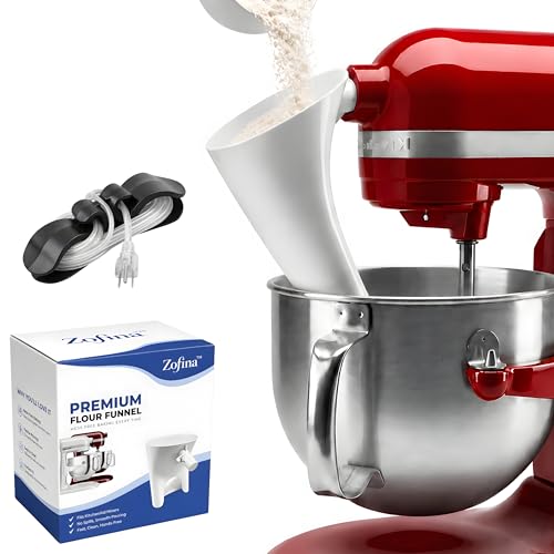 ZOFINA™ Flour Funnel for KitchenAid 6 Qt Bowl-Lift Stand Mixer RKSM60 + Cord Organizer | Mess-Free Pouring Attachment | No-Spill Baking, Food-Grade | Easy Pour & Dishwasher Safe