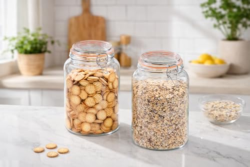 1 Gallon Wide Mouth Glass Jars, Airtight Leakproof Canisters with Lids, Clear Food Storage Containers for Pantry Kitchen, Great for Flour Sugar Rice Dry Goods, Pickling Fermenting, 2 Pack