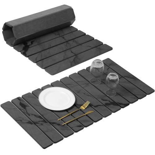 Extra Large Stone Dish Drying Mat for Kitchen Counter, Quick Dry Stone Dishes Mats, Foldable Water Absorbing Diatomaceous Drying Pad for Countertop Bottles Utensils Cups Bathroom(Dark Gray 32"×16"） - color: Dark Gray, size: 32" x 16"